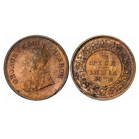 George V, Bronze, 1/2 Pice, 1928, Calcutta Mint, No mint mark, Ghost on Obv and Rev, Planc