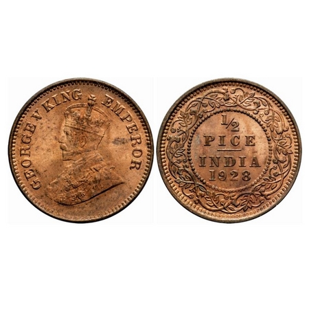 George V, Bronze, 1/2 Pice, 1928, Calcutta Mint, No mint mark. GK 1214. Uncirculated. Scar