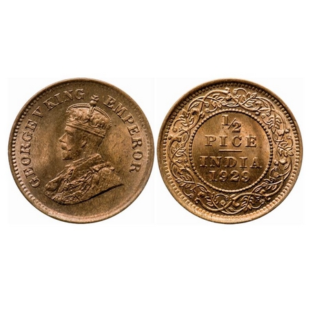 George V, Bronze, 1/2 Pice, 1929, Calcutta Mint, No mint mark, Die cracks on Obv. GK 1215.