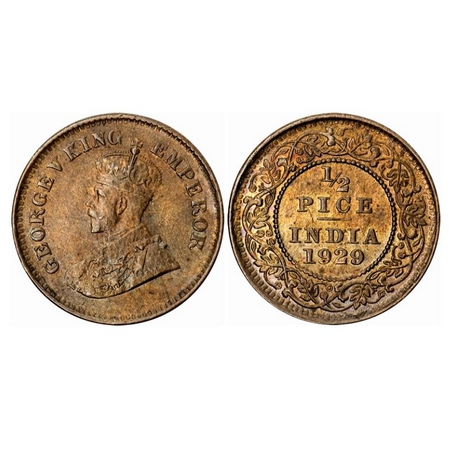 George V, Bronze, 1/2 Pice, 1929, Calcutta Mint, No mint mark, Ghost on Rev, Alphabet 'P o