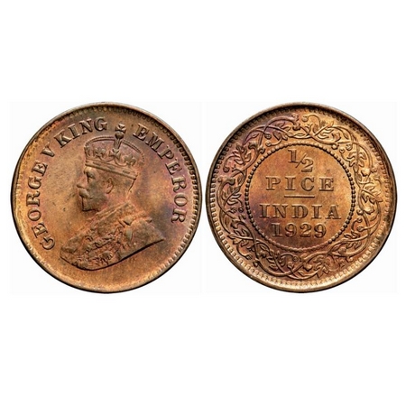 George V, Bronze, 1/2 Pice, 1929, Calcutta Mint. No mint mark. GK 1215. Rainbow Toned, Bri