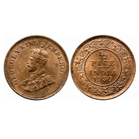 George V, Bronze, 1/2 Pice, 1930, Calcutta Mint, No mint mark, Ghost on Rev, The teeth des