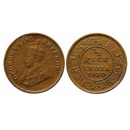 George V, Bronze, 1/2 Pice, 1930, Calcutta Mint, No mint mark, Planchet flaw on Obv, Multi