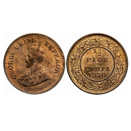 George V, Bronze, 1/2 Pice, 1930, Calcutta Mint, No mint mark, Alphabet 'A' of India promi