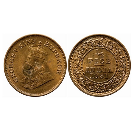 George V, Bronze, 1/2 Pice, 1931, Calcutta Mint, No mint mark, Multiple die cracks on Obv.