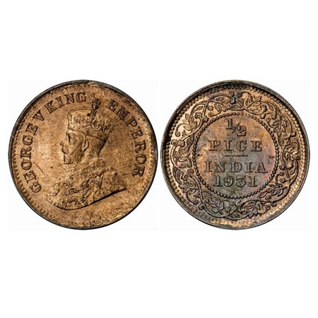 George V, Bronze, 1/2 Pice, 1931, Calcutta Mint, No mint mark, Alphabet 'P' of Pice promin