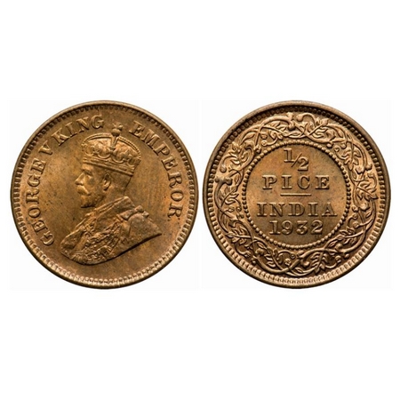 George V, Bronze, 1/2 Pice, 1932, Calcutta Mint, No mint mark. GK 1218. Uncirculated. Scar