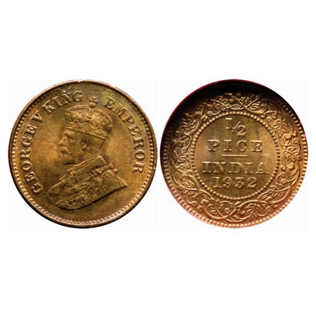 George V, Bronze, 1/2 Pice, 1932, Calcutta Mint, No mint mark, Ghost on Obv and Rev, Die r