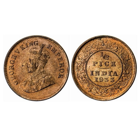 George V, Bronze, 1/2 Pice, 1933, Calcutta Mint, No mint mark. GK 1219. Brilliant Uncircul
