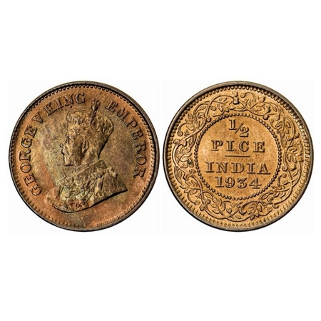 George V, Bronze, 1/2 Pice, 1934, Calcutta Mint, No mint mark. GK 1220. Brilliant Uncircul