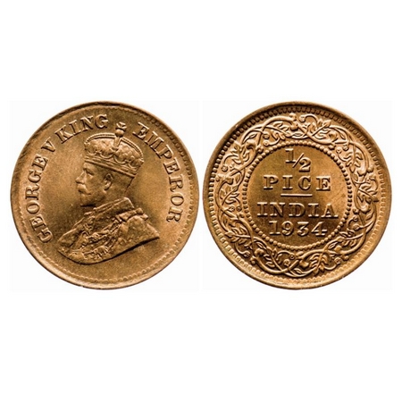 George V, Bronze, 1/2 Pice, 1934, Calcutta Mint, No mint mark. GK 1220. Uncirculated. Scar