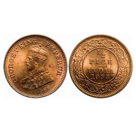 George V, Bronze, 1/2 Pice, 1935, Calcutta Mint, No mint mark, Ghost on Rev. GK 1221. Unci