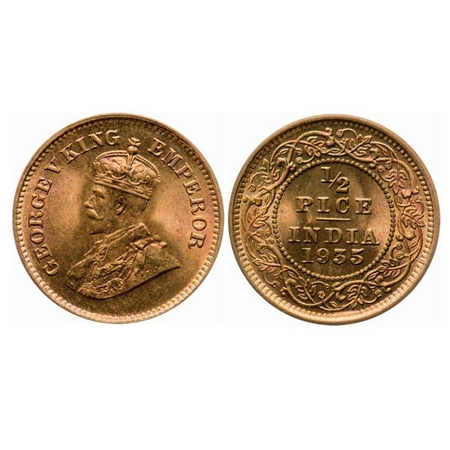 George V, Bronze, 1/2 Pice, 1935, Calcutta Mint, Ghost on Obv and Rev, Rainbow Toned. GK 1
