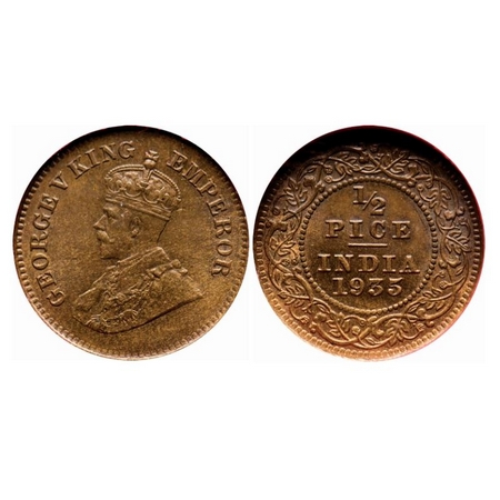 George V, Bronze, 1/2 Pice, 1935, Calcutta Mint, No mint mark. GK 1221, NGS Slabbed AMS 55
