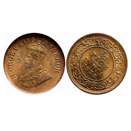 George V, Bronze, 1/2 Pice, 1935, Calcutta Mint, No mint mark, Ghost on Rev, 1 o'clock on