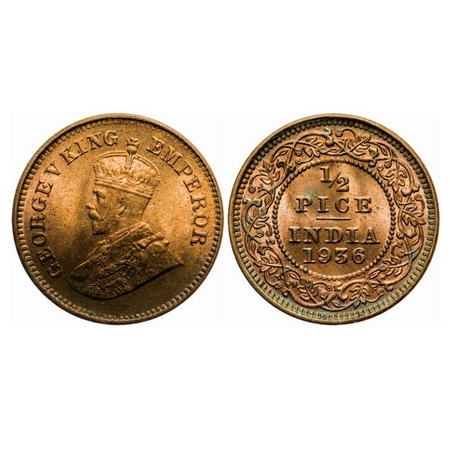George V, Bronze, 1/2 Pice, 1936, Calcutta Mint, No mint mark, Ghost on Rev. GK 1222. Unci