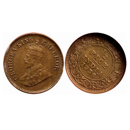 George V, Bronze, 1/2 Pice, 1936, Calcutta Mint, No mint mark, Ghost on Rev, 1'o clock on