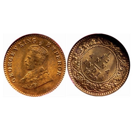 George V, Bronze, 1/12 Anna, 1920, Calcutta Mint, 1'o clock on Rev. GK 1231. NGS Slabbed M