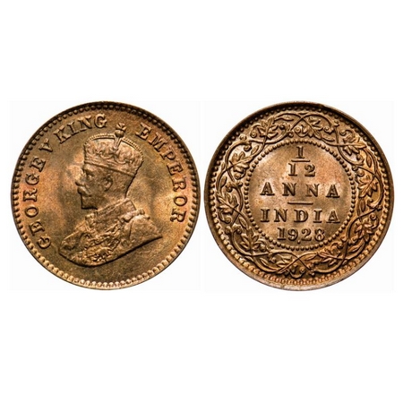 George V, Bronze, 1/12 Anna, 1928, Bombay Mint, Dot, Ghost on Obv. GK 1243. Uncirculated. 