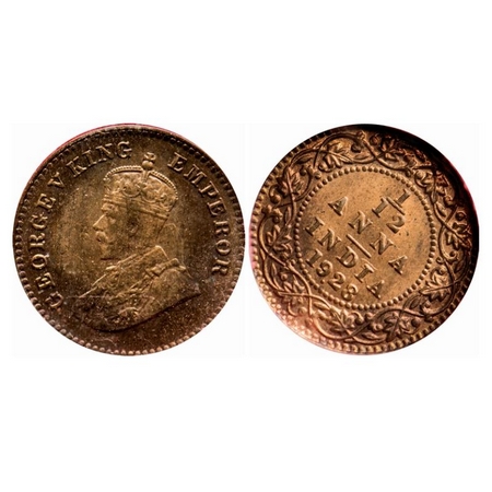 George V, Bronze, 1/12 Anna, 1928, Bombay Mint, Dot, Ghost on Obv and Rev, Planchet flaw o