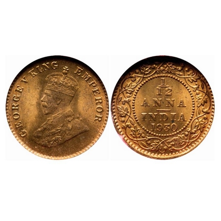 George V, Bronze, 1/12 Anna, 1930, Calcutta Mint, No dot. GK 1246. NGS Slabbed MS 62 BN Su