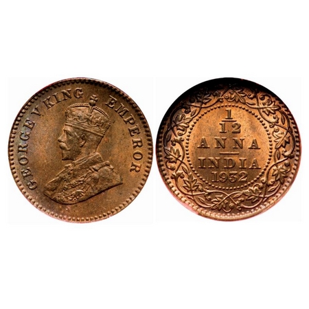 George V, Bronze, 1/12 Anna, 1932, Calcutta Mint, No dot. GK 1248. NGS Slabbed MS 61. Scar