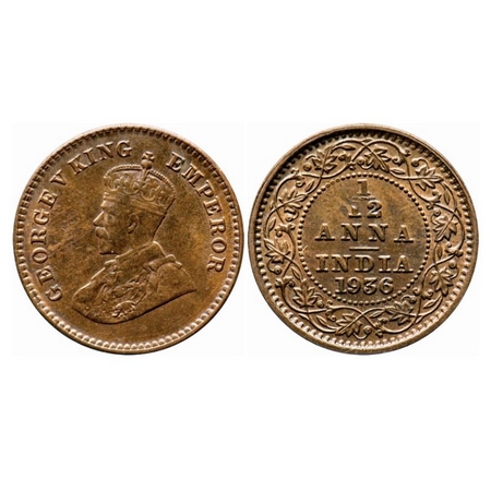 George V, Bronze, 1/12 Anna, 1936, Calcutta Mint, No dot, Numeral 1 of 12 is broken. GK 12
