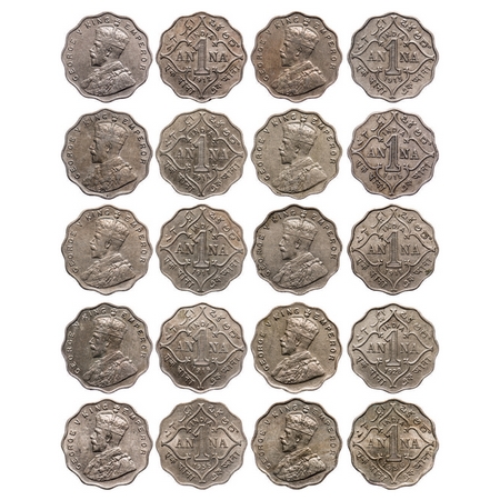 George V, Copper-Nickel, 1 Anna (10 Coins), 1912, Bombay Mint, No dot, 1913, Bombay Mint, 