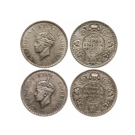 George VI, Half Silver, Rupee (2 Coins), 1940, Bombay Mint, 1) A(a)/I, Dot, Security edge,