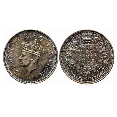 George VI, Half Silver, Rupee, 1943, Bombay Mint, A(b)/II, Diamond, Security edge, Small 3