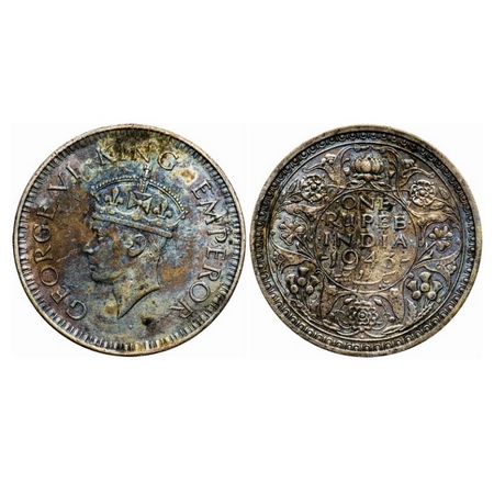 George VI, Half Silver, Rupee, 1943, Bombay Mint, A(b)/II, Diamond, Security edge, Small 3