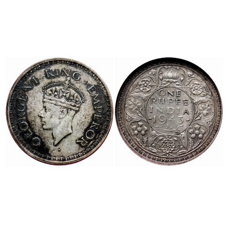 George VI, Half Silver, Rupee, 1943, Bombay Mint, C/II, Diamond, Security edge, Small 3, M