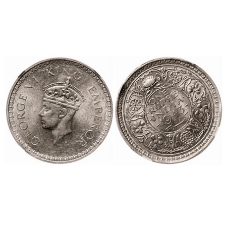 George VI, Half Silver, Rupee, 1943, Bombay Mint, C/III, Diamond, Security edge, Large 3,