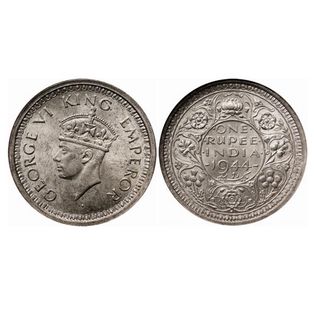 George VI, Half Silver, Rupee, 1944, Bombay Mint, D/II, Dot, Security edge. GK 1280. NGS S