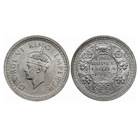 George VI, Half Silver, Rupee, 1945, Bombay Mint, D/II, Dot, Security edge, Normal 5, A ti