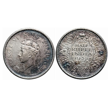 George VI, Silver, Half Rupee, 1938, Bombay Mint, Head Type I, A/I, Dot, Milled edge. GK 1