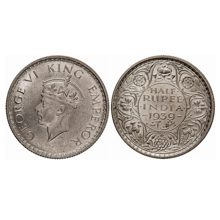George VI, Silver, Half Rupee, 1939, Calcutta Mint, Head Type II, A(a)/I, No dot, Die doub