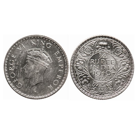 George VI, Half Silver, 1/4 Rupee, 1940, Bombay Mint, Head Type I, Rev I, Dot, Milled edge