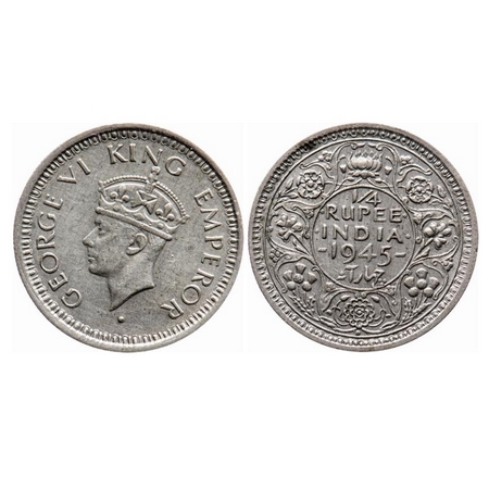 George VI, Half Silver, 1/4 Rupee, 1945, Bombay Mint, Security edge, Large 5, Privy mark s