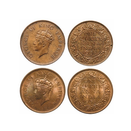 George VI, Bronze, Quarter Anna (2 Coins), 1938, 1) Bombay Mint, Head Type I, Dot, No dots