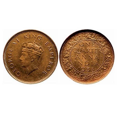 George VI, Bronze, Quarter Anna, 1938, Bombay Mint, Head Type I, Dot, Dots by One, Small y