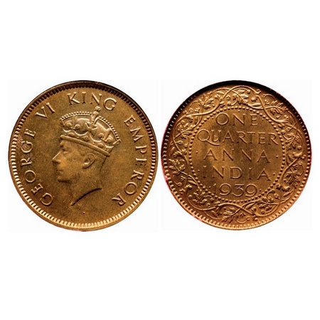 George VI, Bronze, Quarter Anna, 1939, Bombay Mint, Head Type I, Dot, Ghost on Rev. GK 142