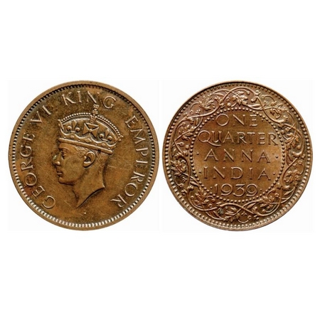 George VI, Bronze, Quarter Anna, 1939, Calcutta Mint, Head Type II, No dot. GK 1424. Extre