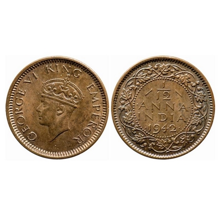 George VI, Bronze, 1/12 Anna, 1942, Bombay Mint, Head Type II, Dots by year. GK 1458. Unci