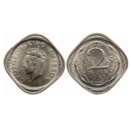 George VI, Copper-Nickel, 2 Annas, 1939, Bombay Mint, Head Type I, Dots by year, Die crack