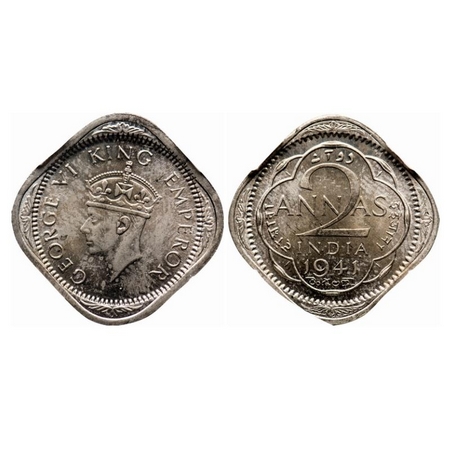 George VI, Copper-Nickel, 2 Annas, 1941, Bombay Mint, Head Type II, Dots by year. GK 1356.