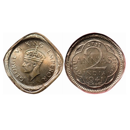 George VI, Copper-Nickel, 2 Annas, 1941, Calcutta Mint, Head Type II, No dots by year, Pla