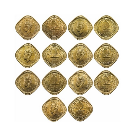 George VI, Brass-Nickel, 2 Annas (7 Coins), 1942, Bombay Mint, Head Type II, Dots by year,