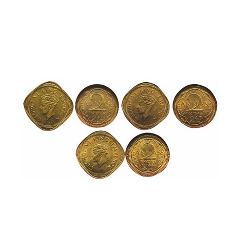 George VI, Nickel-Brass, 2 Annas (3 Slabs), 1942, Bombay Mint, Head Type II, Dots by year,