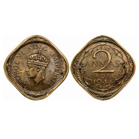 George VI, Nickel-Brass, 2 Annas, 1944, Lahore Mint, Head Type II, No dots by year, 'L' ra
